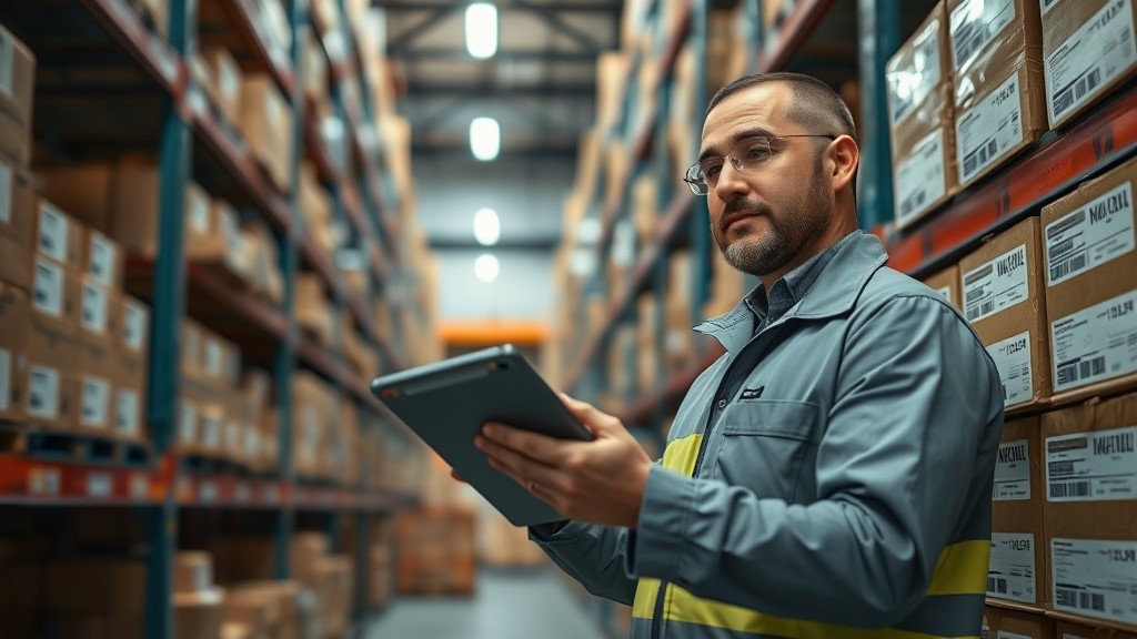 A procurement engineer reviewing a checklist on a tablet in a warehouse stocked with industrial PLC modules A procurement engineer reviewing a checklist on a tablet in a warehouse stocked with industrial PLC modules