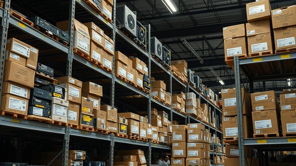 Warehouse shelves stocked with boxed legacy and discontinued PLC parts Warehouse shelves stocked with boxed legacy and discontinued PLC parts