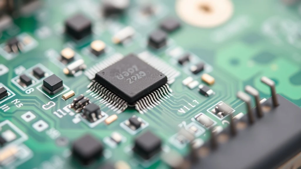 Close-up of a microcontroller chip soldered onto a printed circuit board with surrounding components Close-up of a microcontroller chip soldered onto a printed circuit board with surrounding components