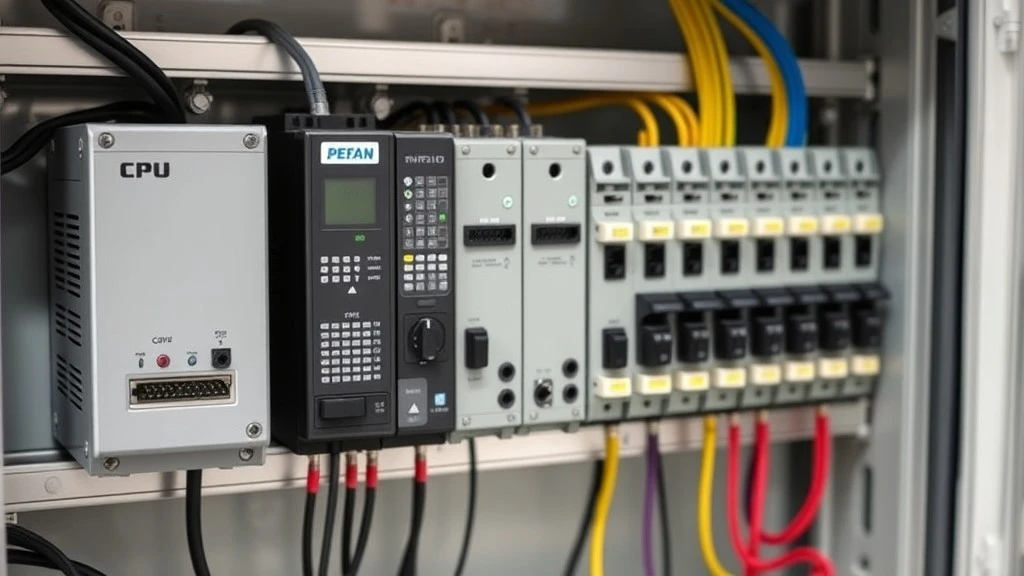 A modular PLC with CPU power supply and IO cards mounted on a DIN rail inside a wired control panel A modular PLC with CPU power supply and IO cards mounted on a DIN rail inside a wired control panel