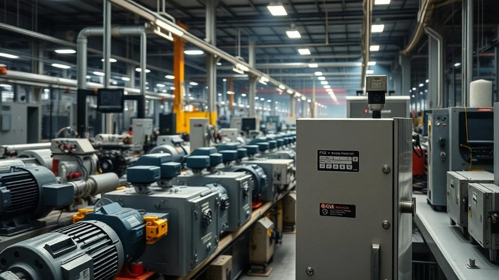 An industrial control cabinet on a factory production line surrounded by machinery in a demanding plant An industrial control cabinet on a factory production line surrounded by machinery in a demanding plant
