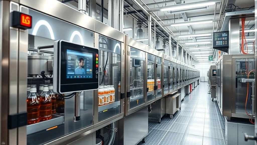 A stainless-steel food and beverage line with an operator touchscreen and control panel in a clean factory A stainless-steel food and beverage line with an operator touchscreen and control panel in a clean factory