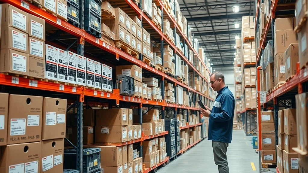 Warehouse shelves stocked with boxed PLC modules and automation parts with a worker checking inventory Warehouse shelves stocked with boxed PLC modules and automation parts with a worker checking inventory