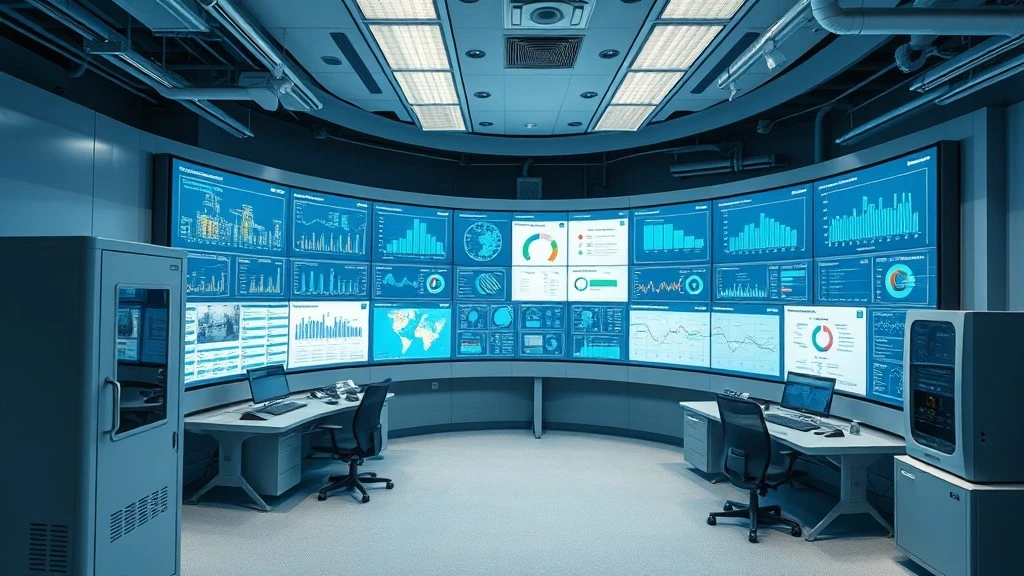 Modern industrial control room with process monitoring screens and control cabinets Modern industrial control room with process monitoring screens and control cabinets