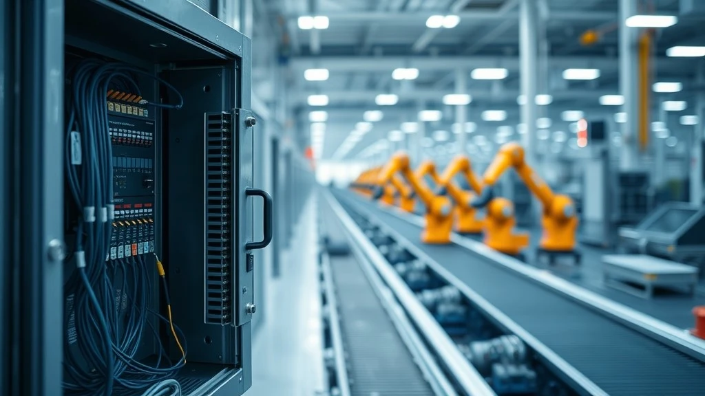 Programmable logic controller mounted in a control cabinet beside an automated factory line Programmable logic controller mounted in a control cabinet beside an automated factory line