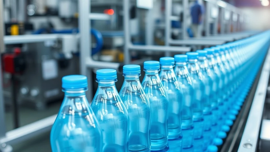 Plastic bottles moving along a high-speed automated conveyor on a packaging line