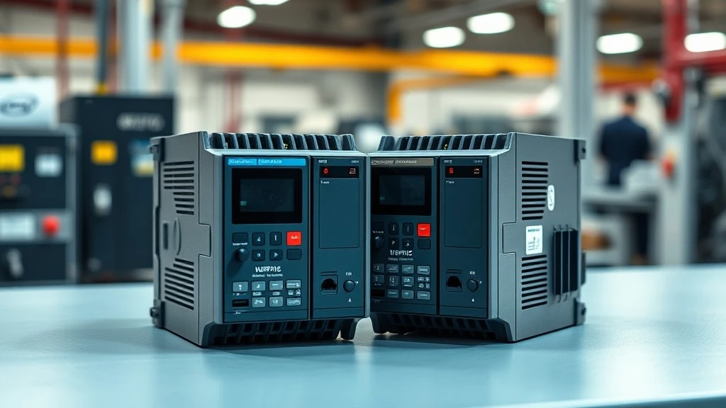 Two compact modular industrial controllers placed side by side on a workbench