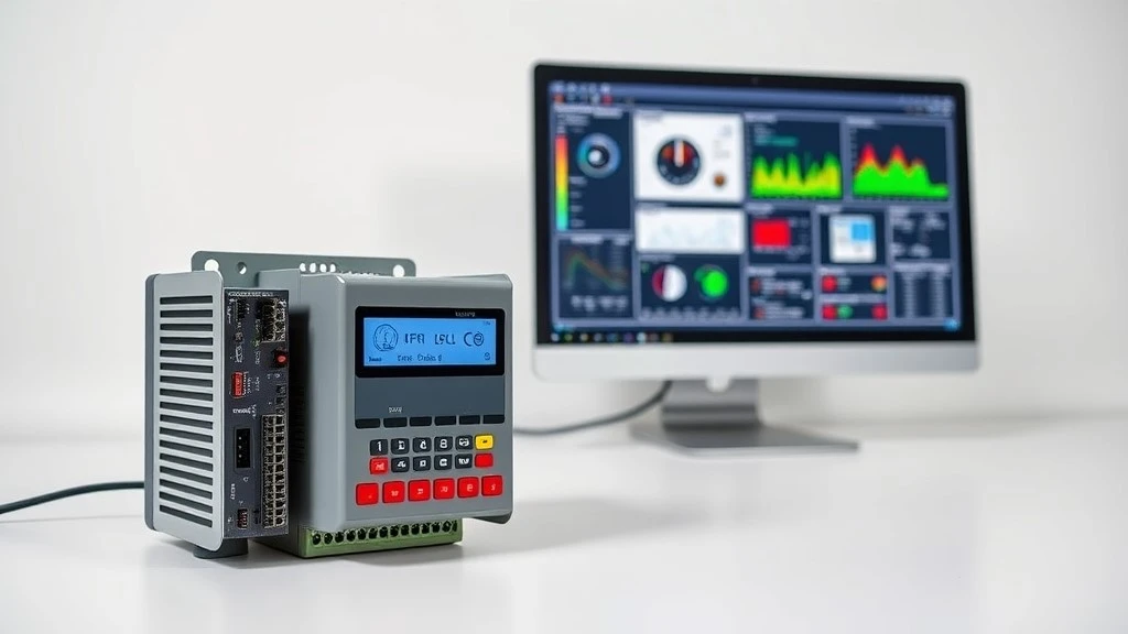 A PLC module an HMI touch panel and a SCADA dashboard shown together as parts of one control system