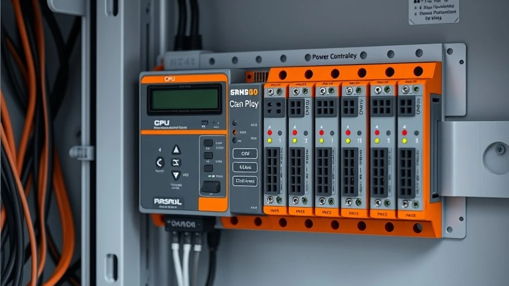 A modular PLC mounted on a DIN rail in a control cabinet showing the CPU power supply and IO modules with wiring