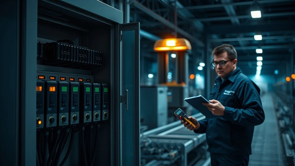 A maintenance engineer with a multimeter stands beside an open control cabinet at night several drives mounted on a rail inside with a stopped conveyor line behind him A maintenance engineer with a multimeter stands beside an open control cabinet at night several drives mounted on a rail inside with a stopped conveyor line behind him
