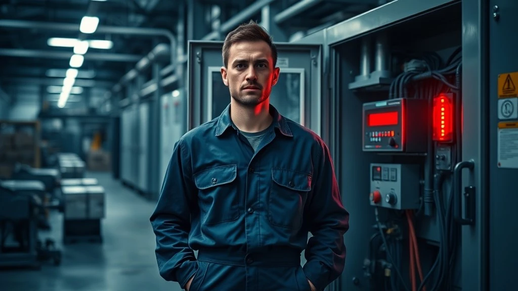 A maintenance technician stands before an open control cabinet as a variable frequency drive displays a red fault warning light