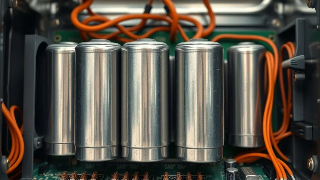 Close-up of a bank of cylindrical aluminum electrolytic capacitors mounted on a drives circuit board