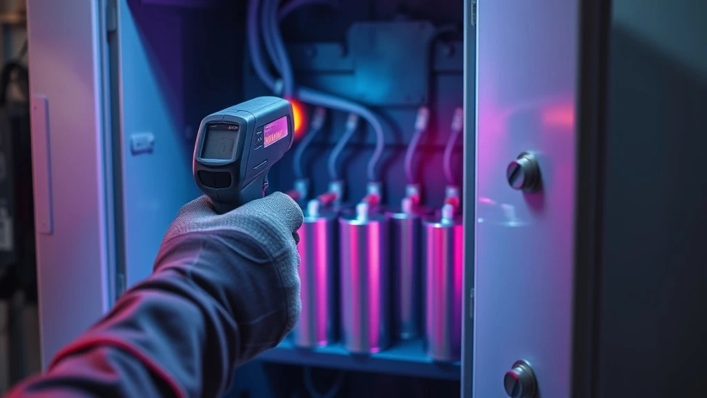 A technician uses an infrared thermometer to check the temperature of capacitors inside a drive cabinet