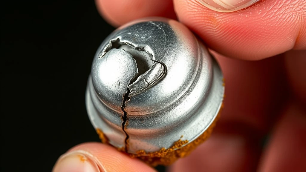 A close-up of a failed capacitor with a bulging domed top and dried electrolyte residue at its base