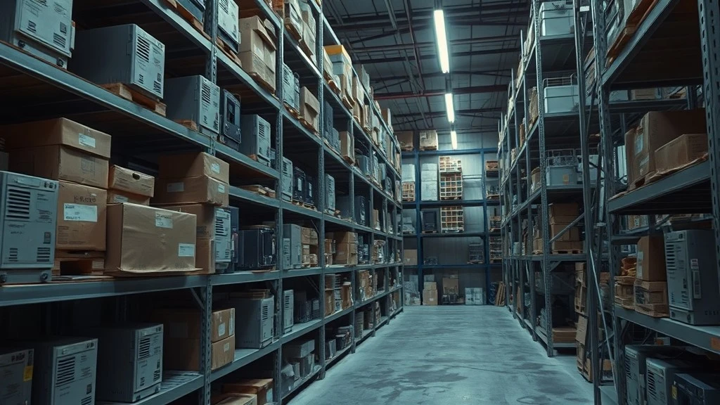 Rows of spare variable frequency drives sit on warehouse shelving some with a visible layer of dust from long-term storage