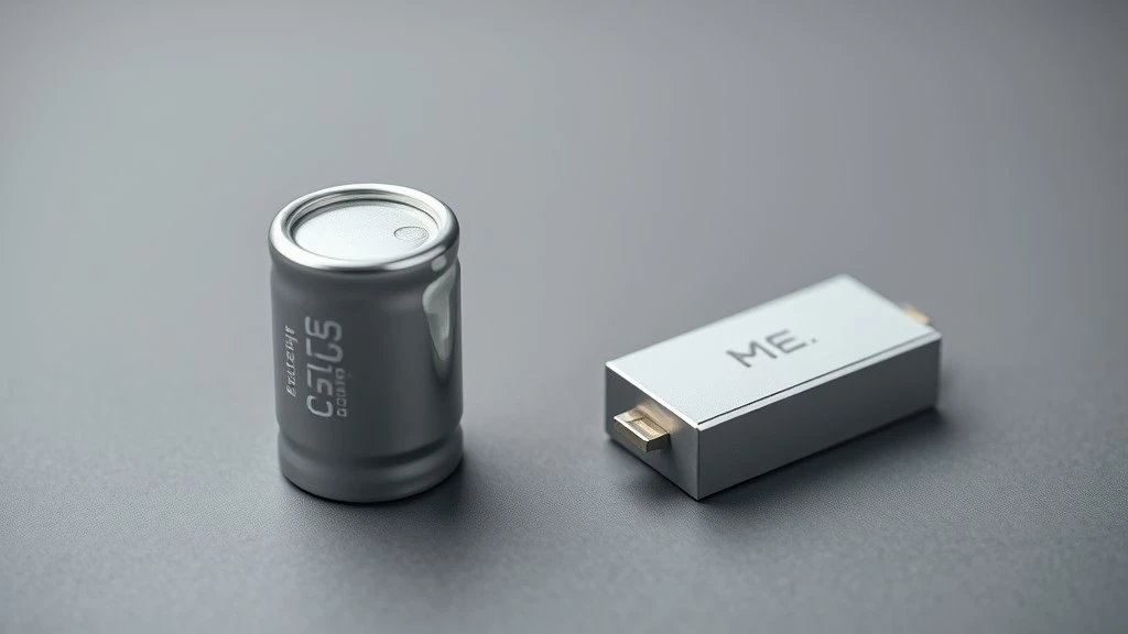 A cylindrical aluminum electrolytic capacitor placed beside a flatter film capacitor for size and shape comparison