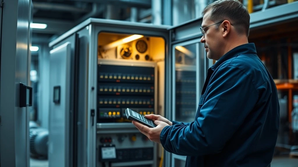 A maintenance technician inspecting an open industrial control cabinet after checking a PLC that lost its saved settings