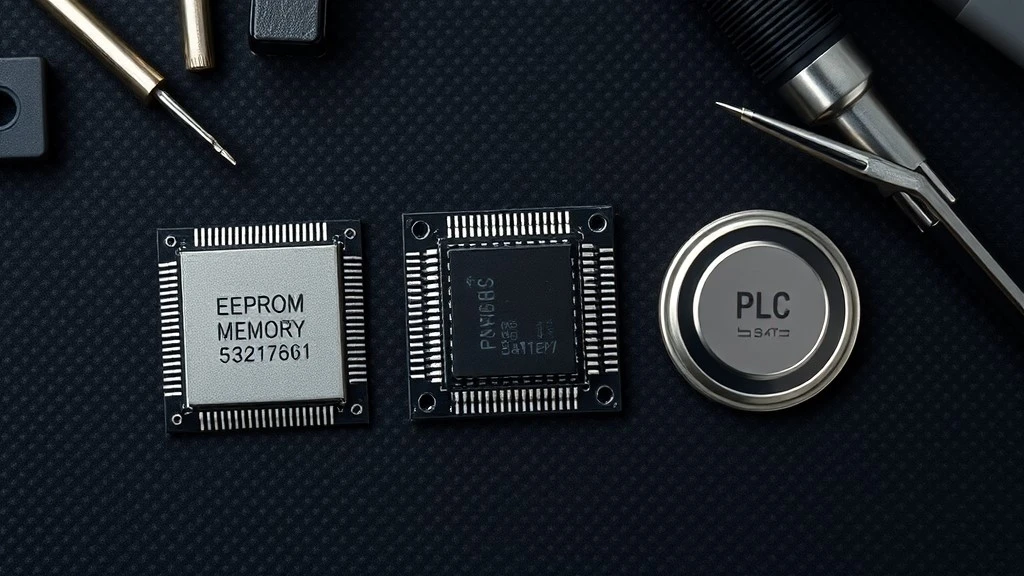 Three types of PLC memory hardware an EEPROM chip a flash module and a backup battery laid out together on a workbench