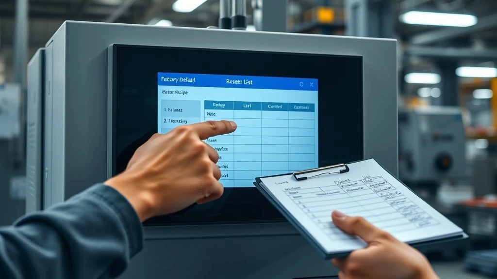A technician pointing at an HMI touchscreen that has reset to its factory-default recipe screen
