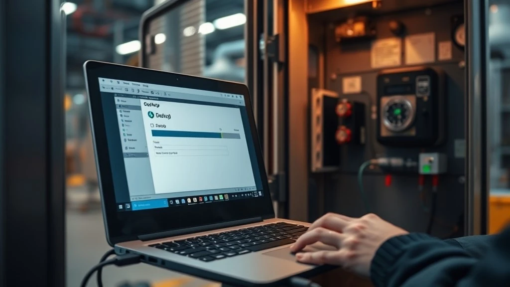 A laptop connected to a PLC control panel while a technician backs up the program before making changes