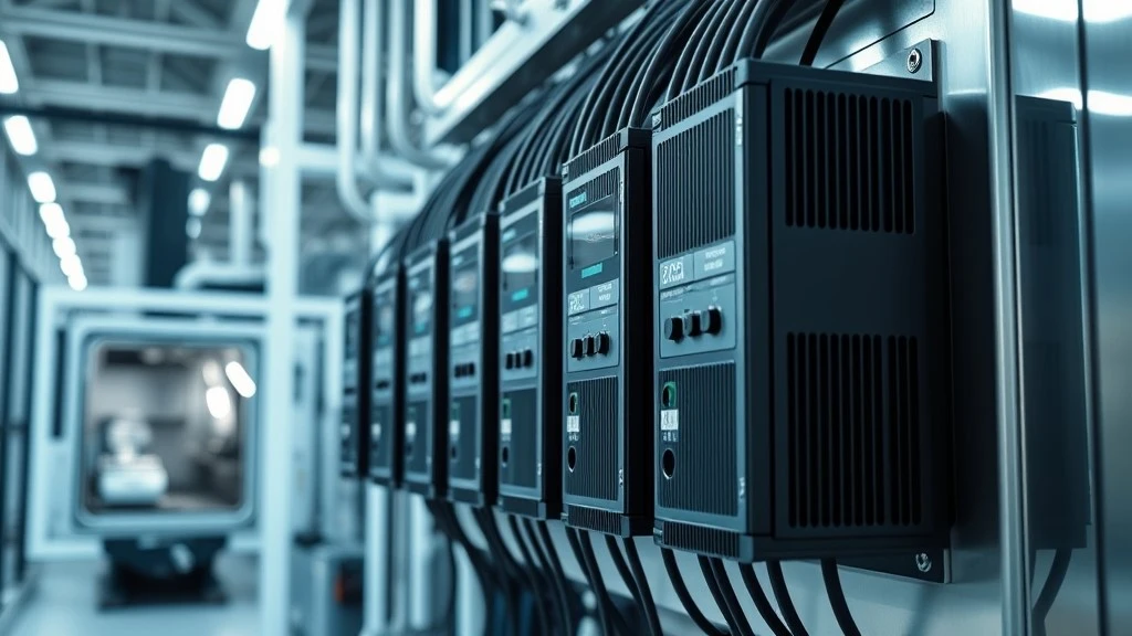 A row of PowerFlex 700S drives mounted side by side with SynchLink fiber-optic cabling between them