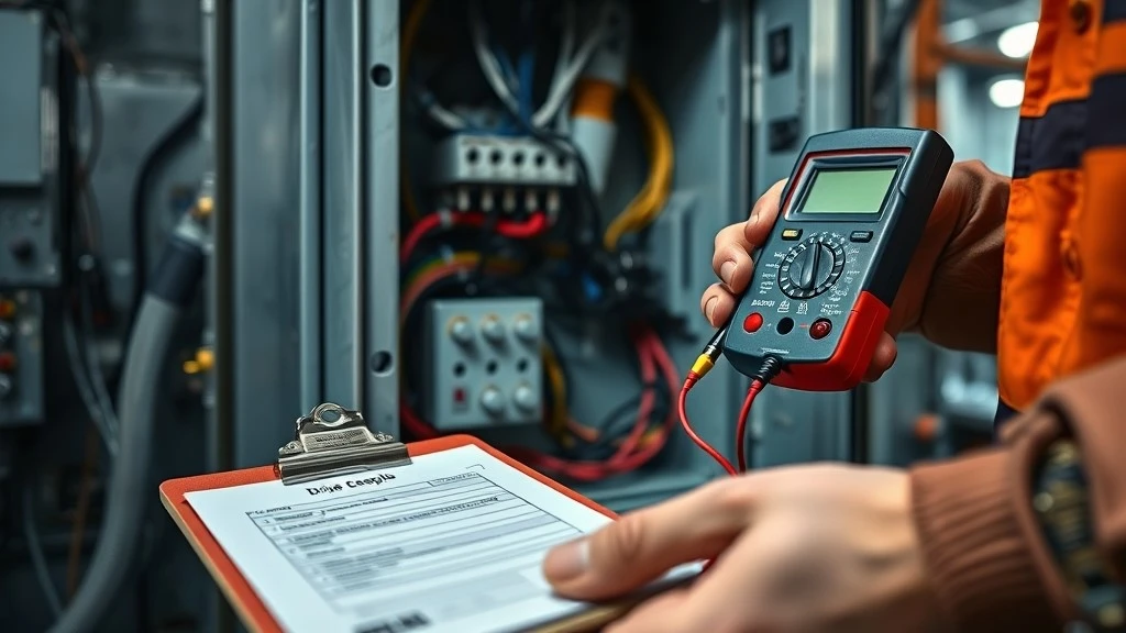 An electrician using a multimeter to test wiring terminals inside a drive enclosure during commissioning An electrician using a multimeter to test wiring terminals inside a drive enclosure during commissioning
