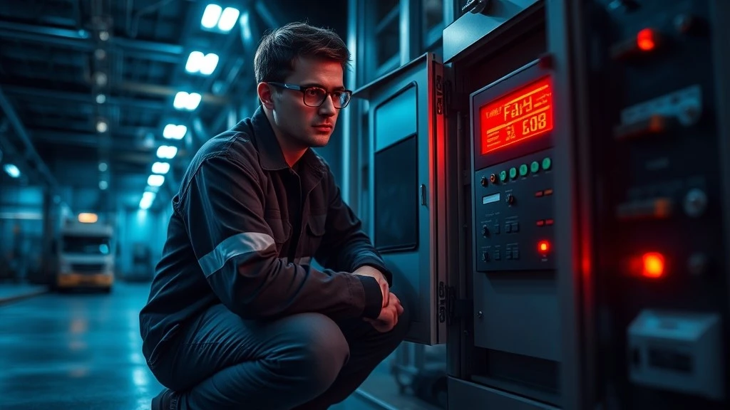 A technician crouches in front of an open electrical cabinet examining a fault code displayed on a drives control panel