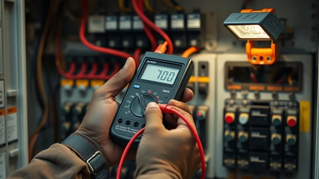 A technician uses a digital multimeter to check voltage at the terminals of an electrical panel A technician uses a digital multimeter to check voltage at the terminals of an electrical panel