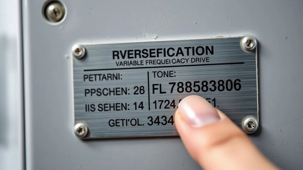 A technician points to the catalog number printed on a variable frequency drives nameplate