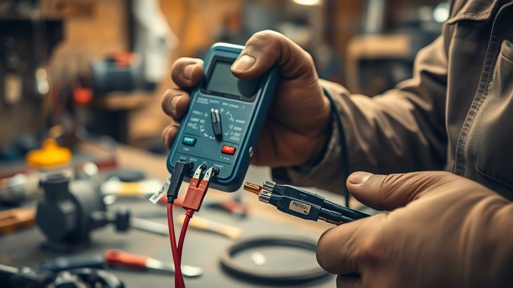 A technician tests motor cable insulation resistance with a handheld megohmmeter