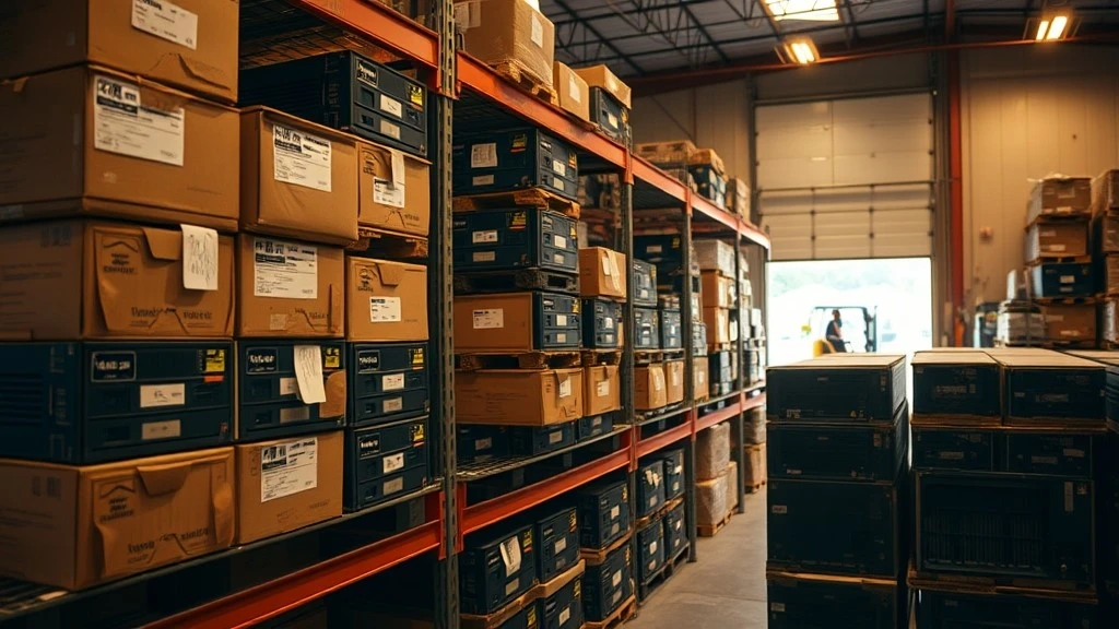 Rows of refurbished industrial drives stored on warehouse shelving before shipment