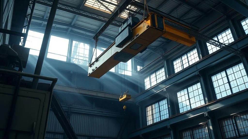 An overhead crane lifting a suspended load in an industrial facility