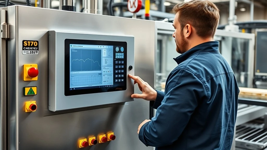 A machine operator uses a panel-mounted HMI to monitor and adjust a packaging machine