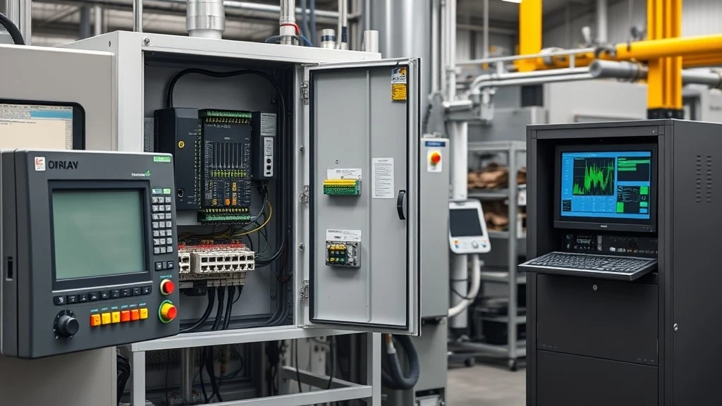 A local HMI PLC control cabinet and Industrial PC working together on an automated production line A local HMI PLC control cabinet and Industrial PC working together on an automated production line