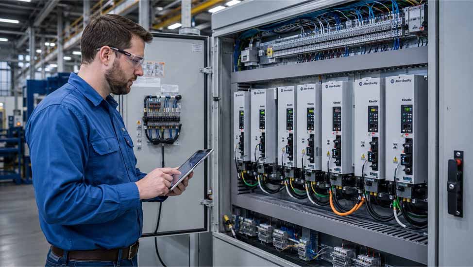 Engineer inspecting Allen-Bradley Kinetix servo drives inside an industrial control cabinet Engineer inspecting Allen-Bradley Kinetix servo drives inside an industrial control cabinet
