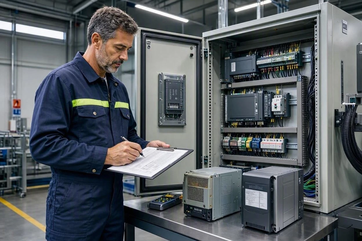 Electrical engineer comparing an older VFD with a replacement drive beside an industrial control cabinet