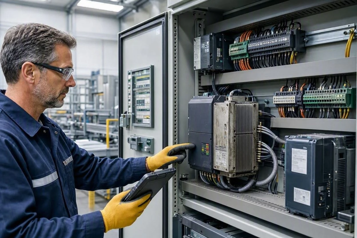 Maintenance engineer inspecting an older VFD in a factory control cabinet while planning a future replacement