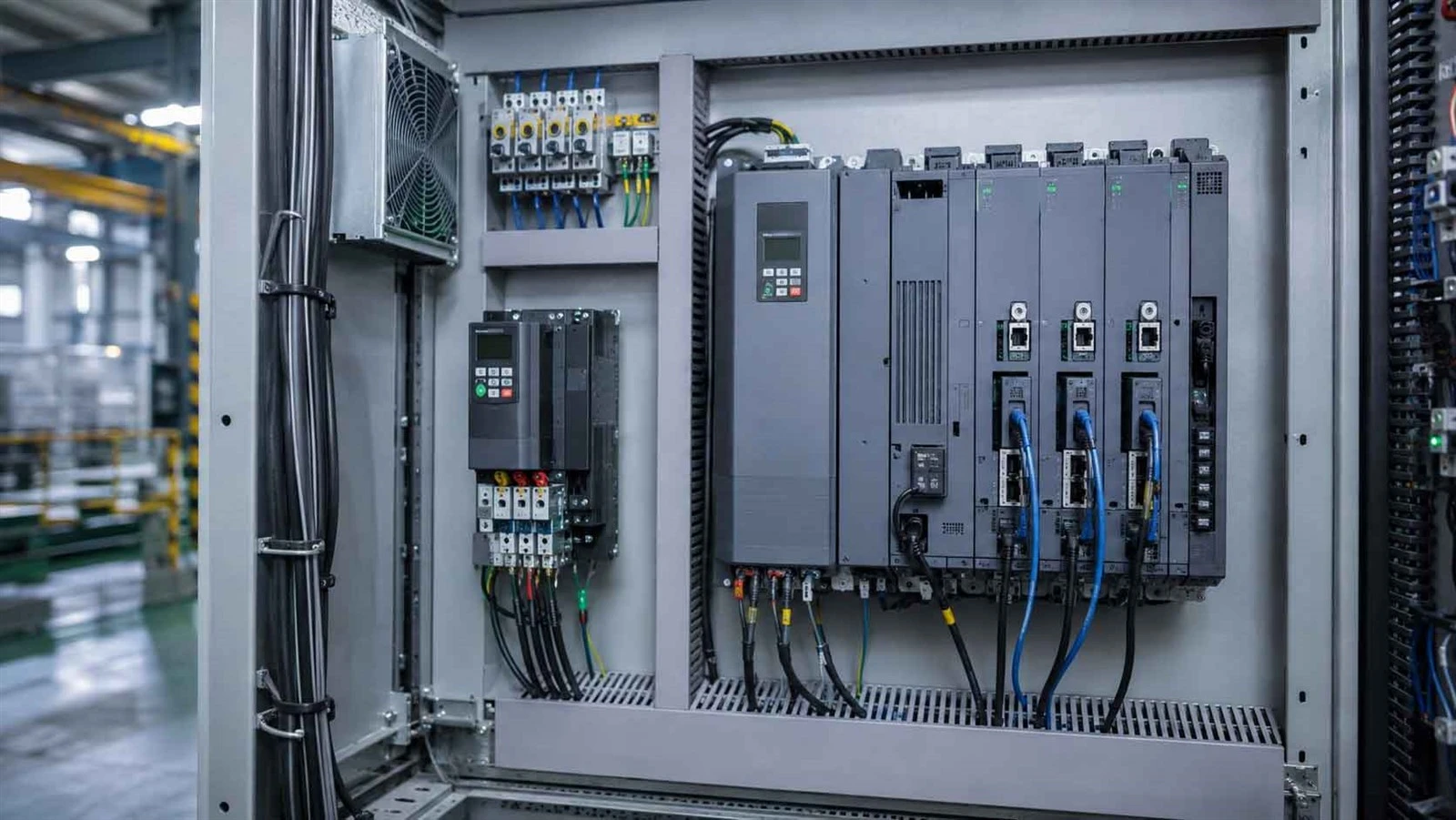 Compact-and-modular-variable-frequency-drives-installed-side-by-side-in-an-industrial-control-panel