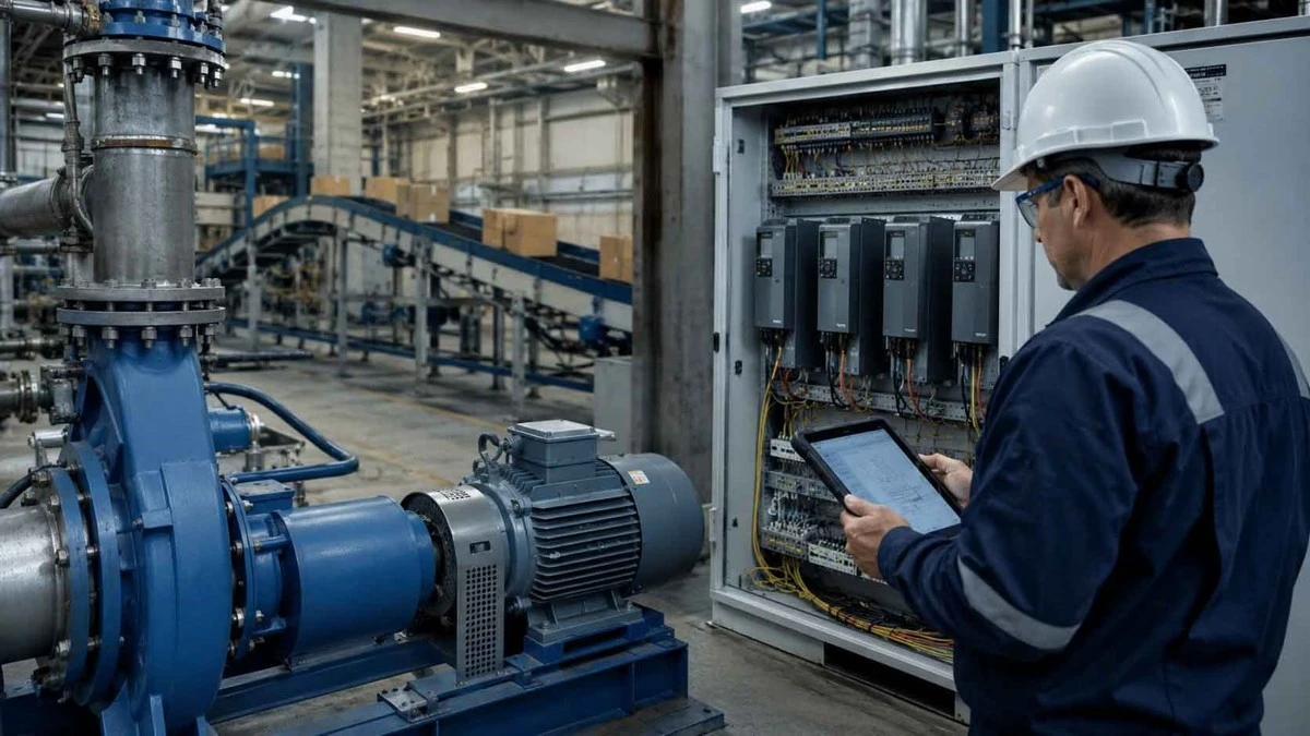 Engineer evaluating motor loads and industrial equipment before selecting a variable frequency drive Engineer evaluating motor loads and industrial equipment before selecting a variable frequency drive