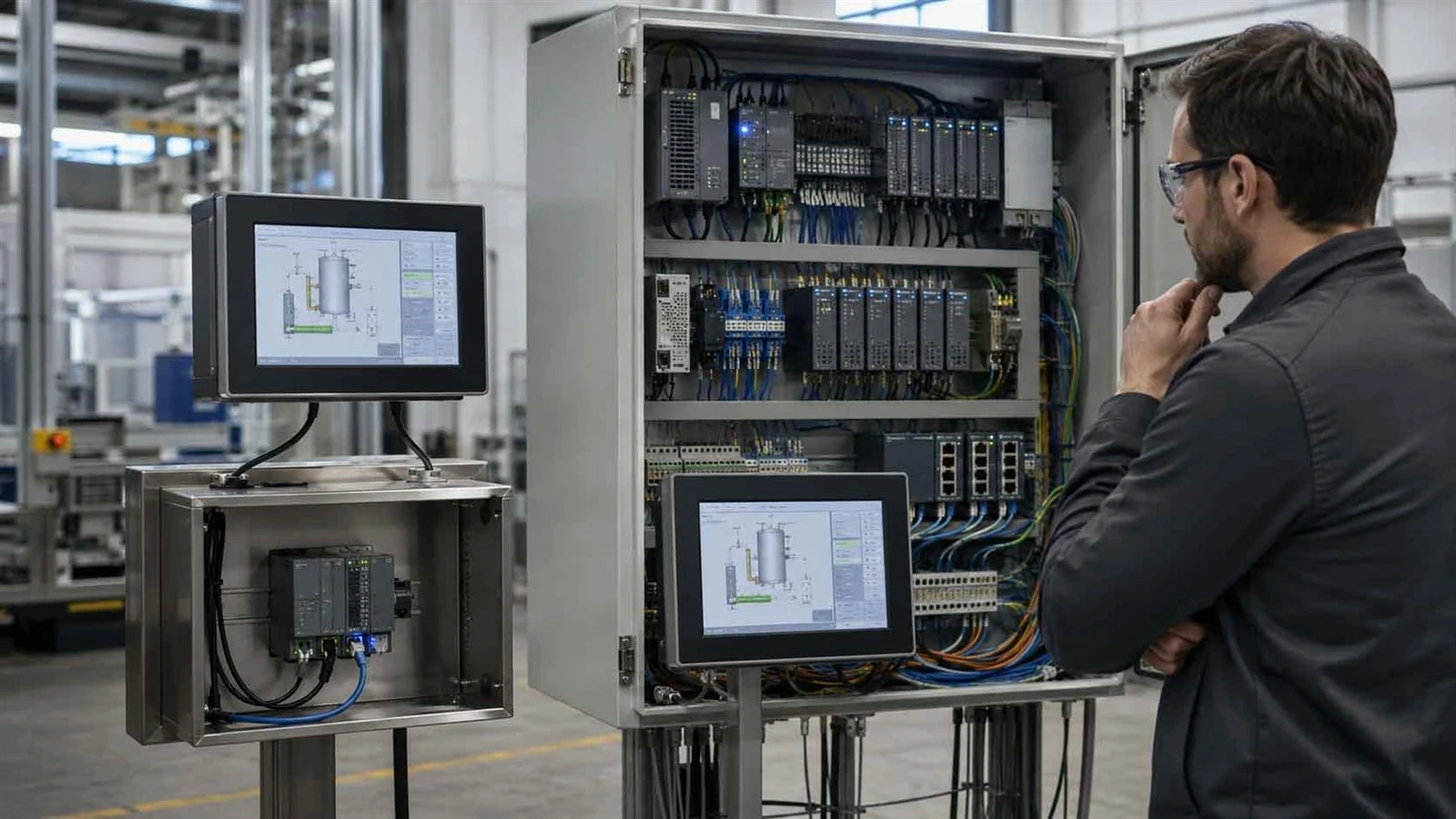 Two similar-sized HMI terminals connected to control systems with very different levels of complexity Two similar-sized HMI terminals connected to control systems with very different levels of complexity