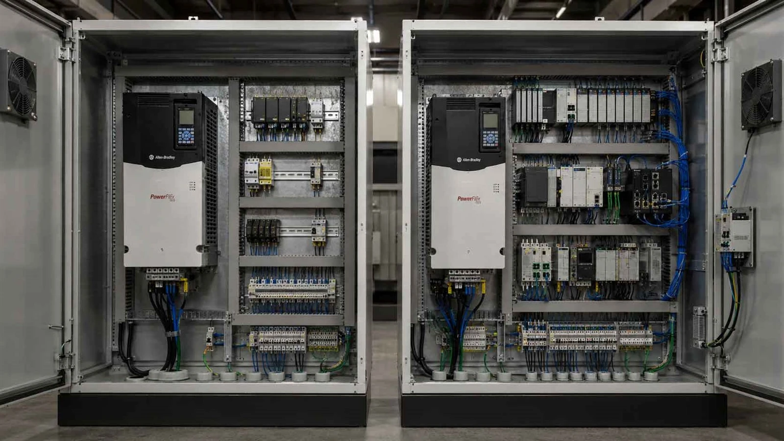 Side-by-side control cabinet configurations showing different levels of drive integration and expansion Side-by-side control cabinet configurations showing different levels of drive integration and expansion