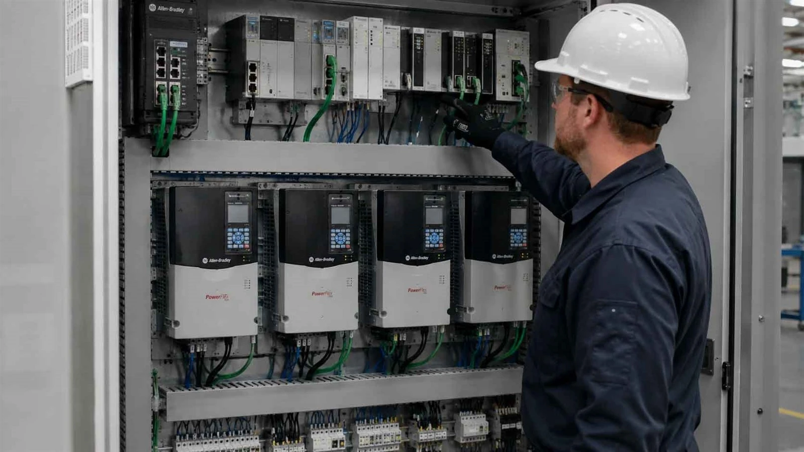 PLC industrial Ethernet switch and variable frequency drives connected inside a machine control cabinet PLC industrial Ethernet switch and variable frequency drives connected inside a machine control cabinet