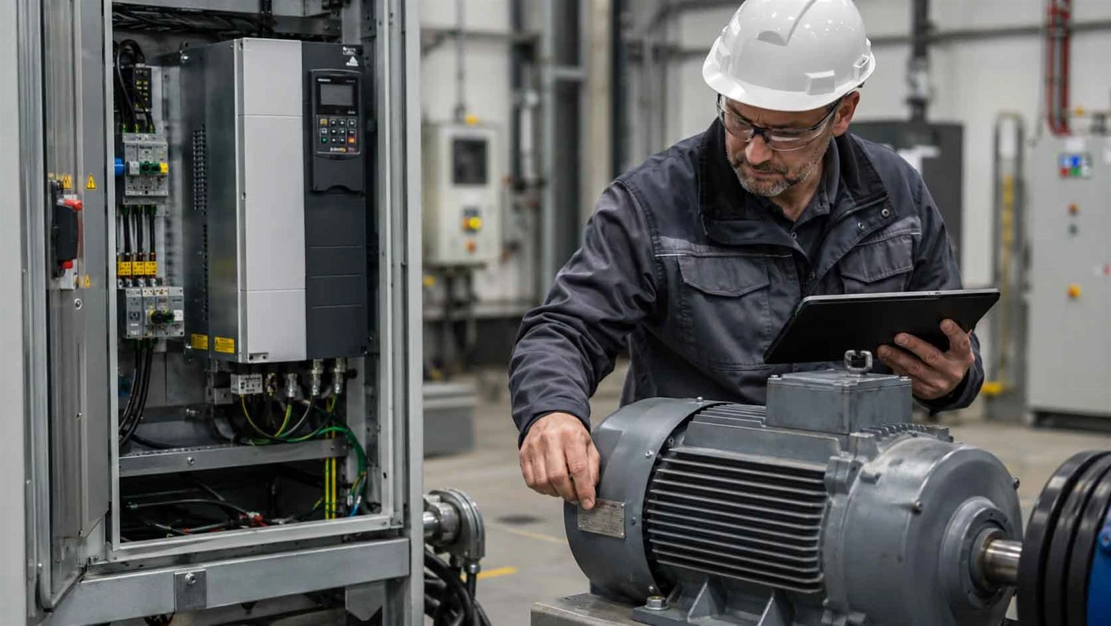 Engineer checking an industrial motor nameplate before selecting a variable frequency drive Engineer checking an industrial motor nameplate before selecting a variable frequency drive