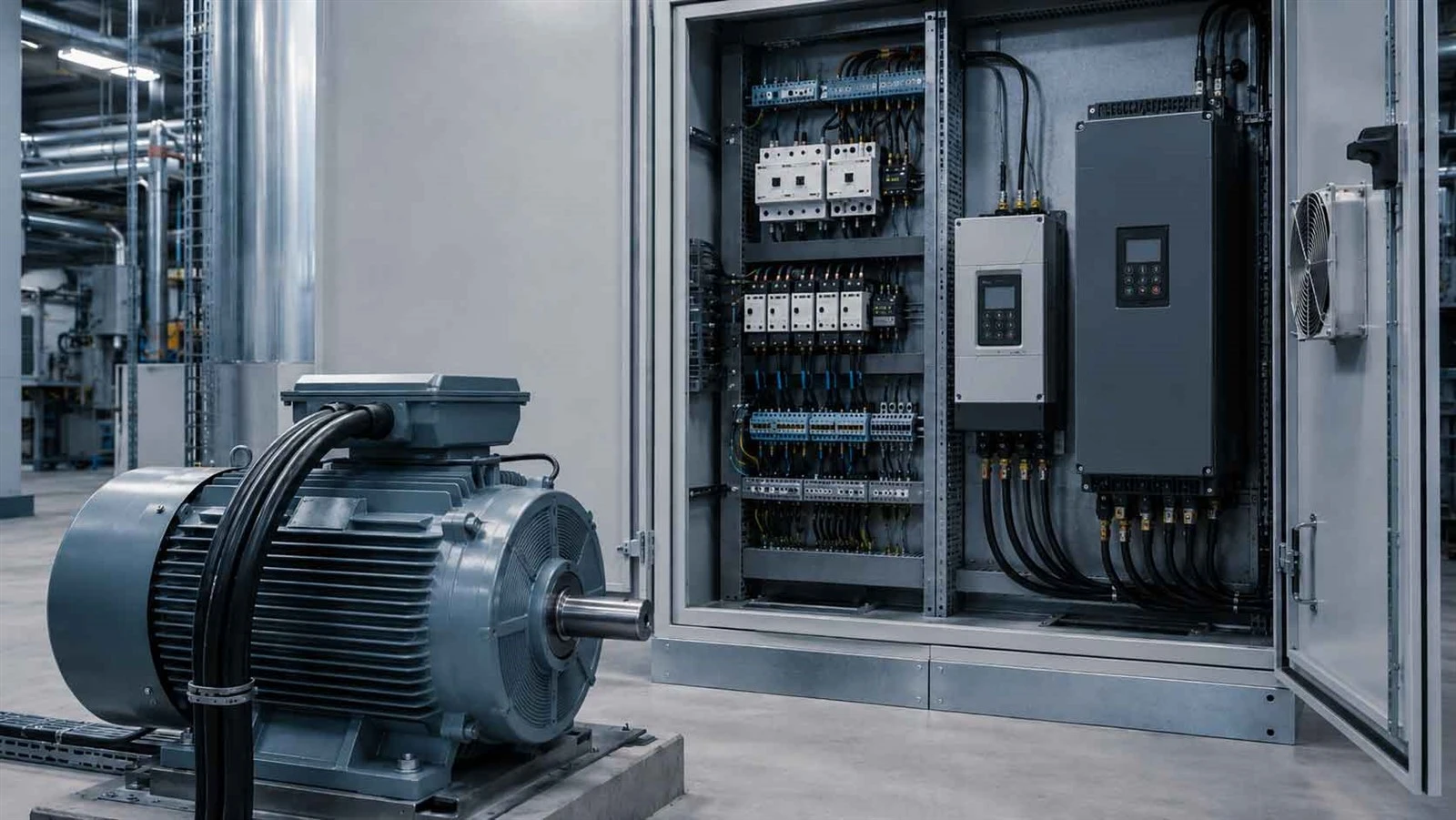Industrial motor control cabinet with a soft starter and VFD connected to an AC motor Industrial motor control cabinet with a soft starter and VFD connected to an AC motor