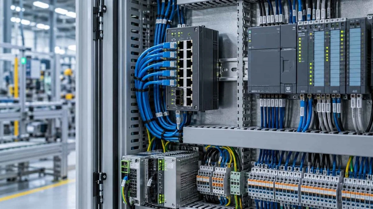 Industrial Ethernet switch and PLC installed in a control cabinet with organized network cables Industrial Ethernet switch and PLC installed in a control cabinet with organized network cables